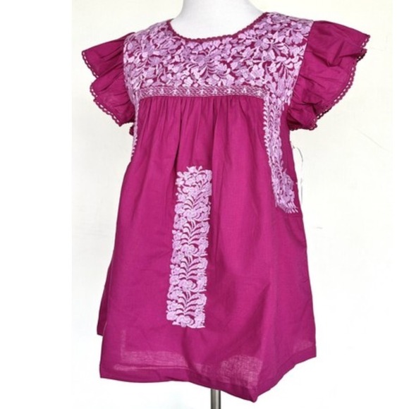 J. Marie Cotton Embroidered Ruffle Sleeve Popover Dress L Magenta/Berry - Picture 5 of 6